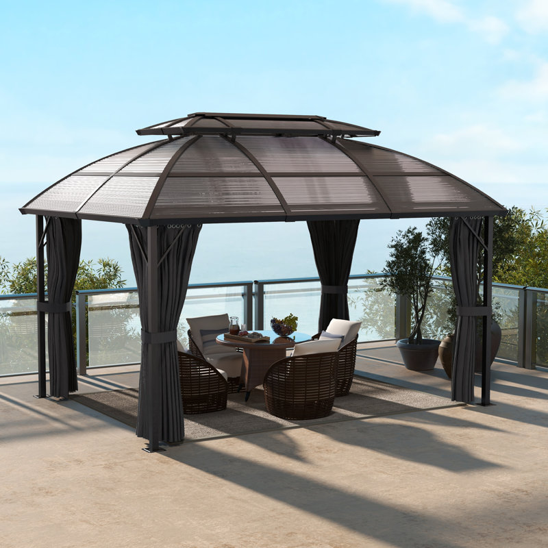 Hern 4 x 3 m Outdoor Hardtop Gazebo Canopy with Netting Curtains, Brown
