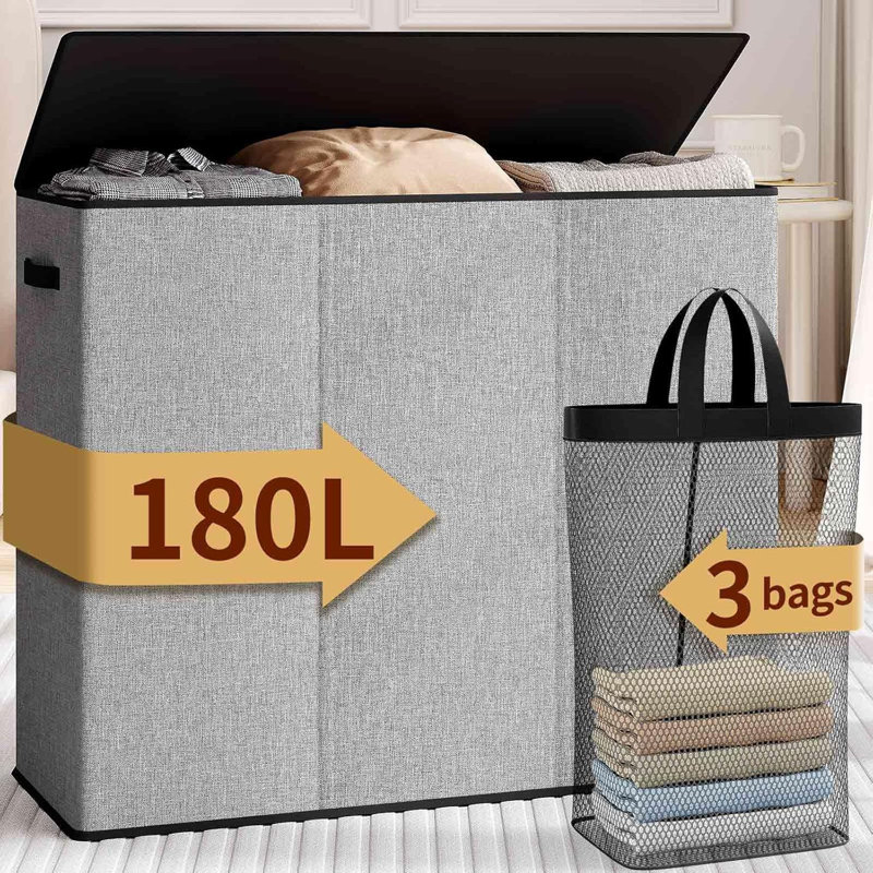 Laundry Hamper 3 Section,180L Large Laundry Basket For Laundry Sorting,Clothes Hamper With 3 Removable Bags,Laundry Hamper With Lid, Ideal For Bedroom,Bathroom,Dorm,Laundry Room