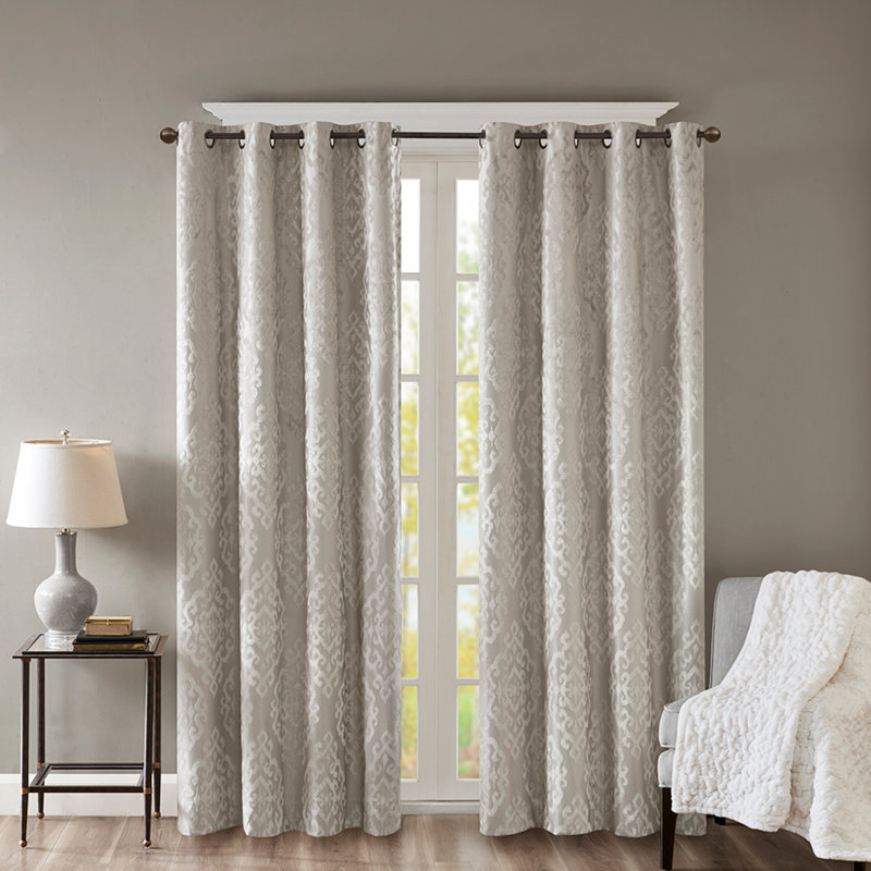 Knitted Jacquard Damask Total Blackout Grommet Top Curtain Panel(Only 1 Pc Panel), Silver, 50'' W x 84'' L