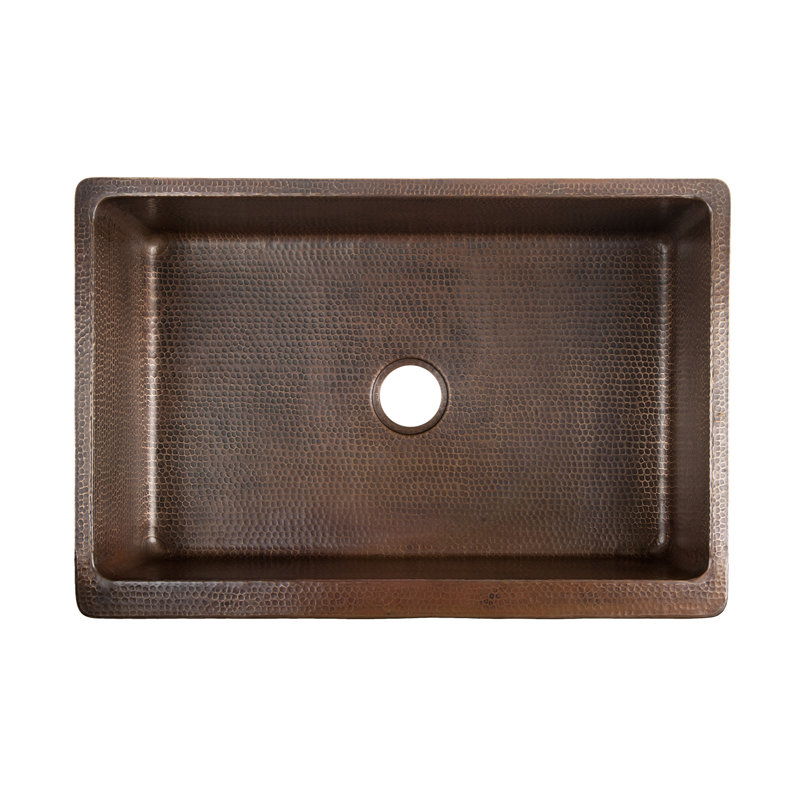 33" Hammered Copper Apron Front Single Basin Kitchen Sink w/ Vineyard Design and Nickel Background