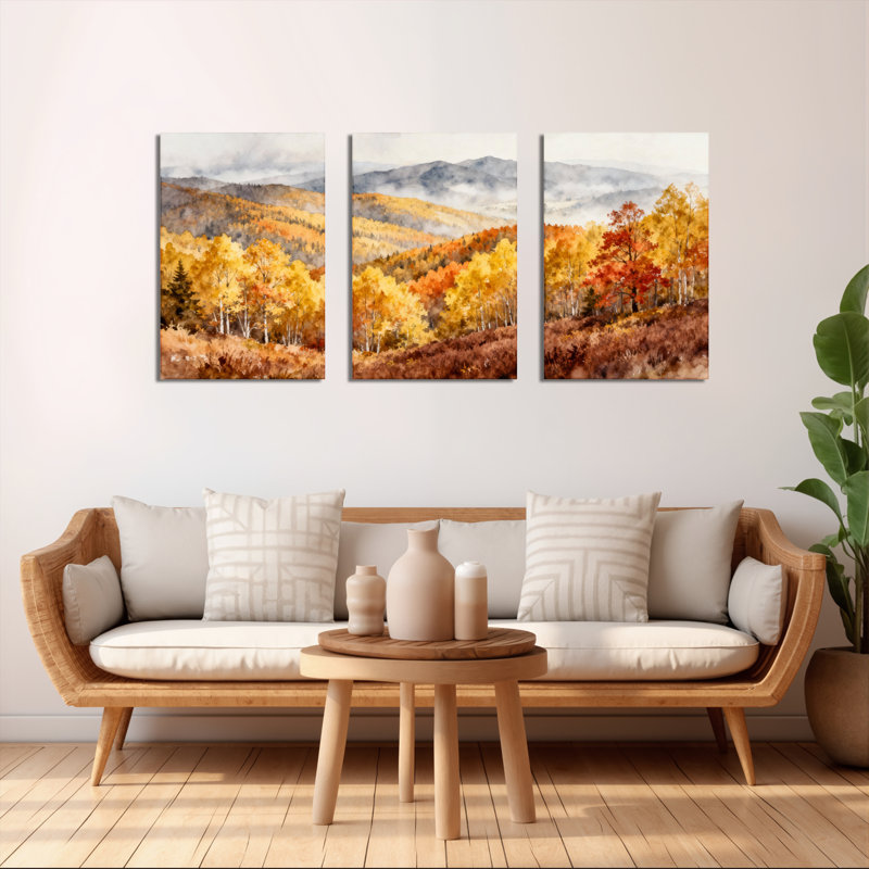 «Autumn Forest Landscape», reproduction d'art sur toile tendue sur toile (ensemble de 3), H 30 po x l 60 po
