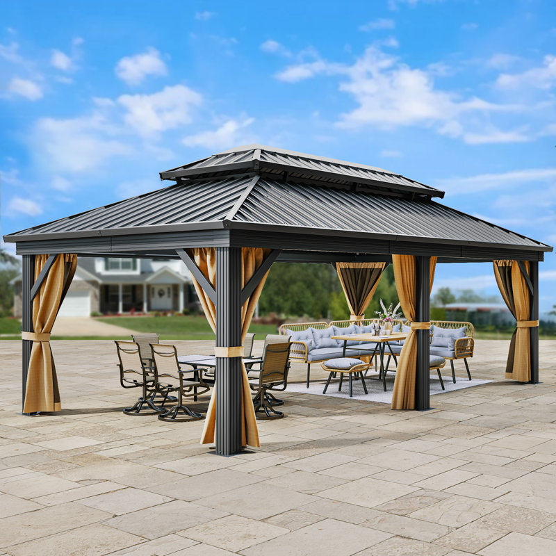 Pavillon de jardin en aluminium à toit double avec toit rigide, 18 pi x 12 pi, Brun