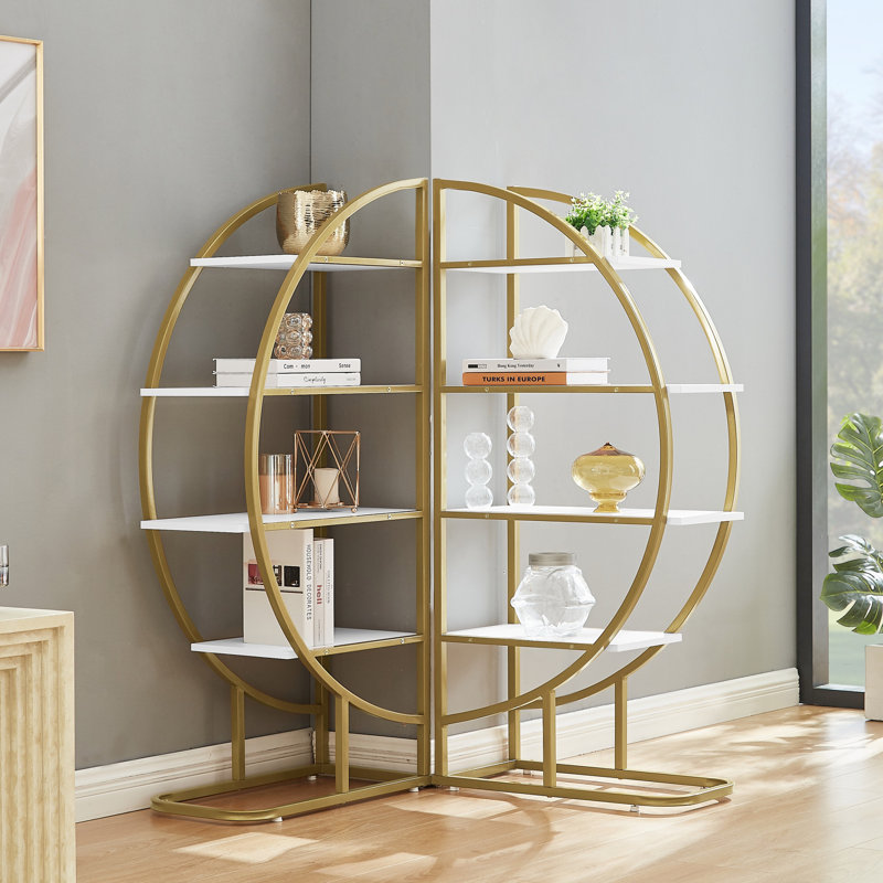 Bibliothèque ouverte 4 étages pour bureau à domicile, forme ronde, différentes façons de placement, panneau de fibres à densité moyenne, cadre en métal doré