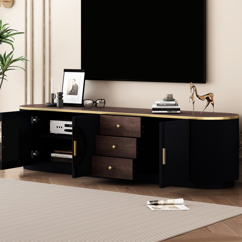 80-Inch Tv Compatible Stand, 3 Drawers & 2 Cabinets, Minimalist Design With Wood Grain, Metal Handles, Black Modern Sophistication Grain Veneer,