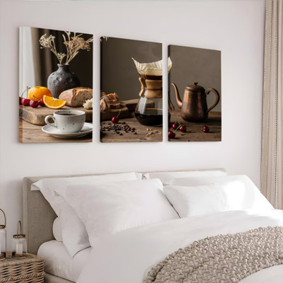 «Coffee And Breakfast Still Life», ensemble de 3 reproductions d'art sur toile tendues sur toile