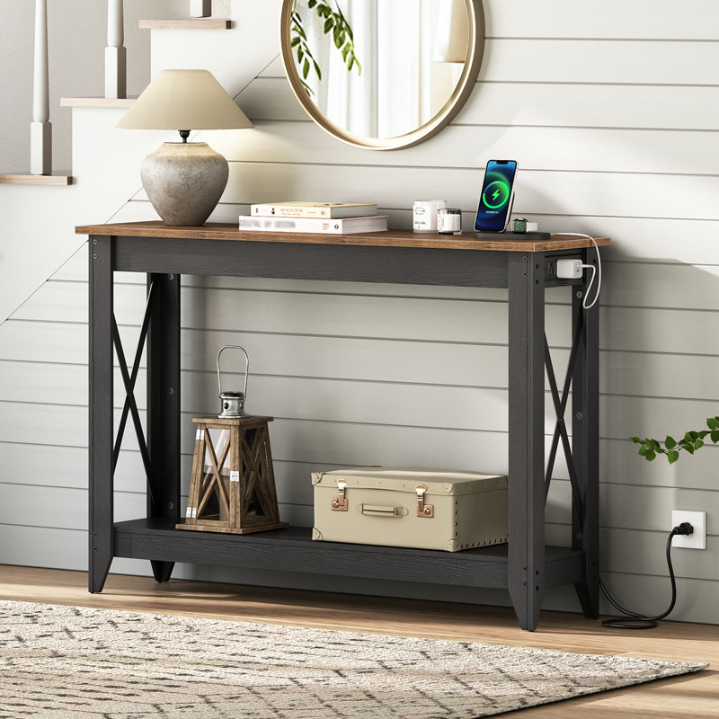 Samha 47.2'' Console Table with Charging Station, Brown, Black