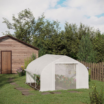 Serre de tunnel de 11,5 pi x 10 pi x 6,5 pi Outsunny, maison avec porte en filet à fermeture à glissière, 7 fenêtres en filet et parois latérales enroulables, serre chaude pour plante de jardinage améliorée avec cerceaux en acier galvanisé, 