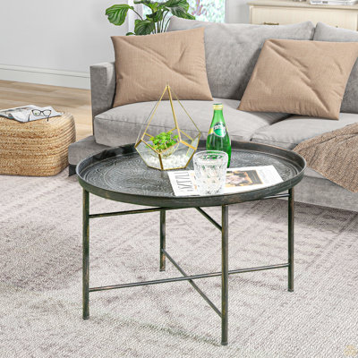 24" Round Coffee Table With Hammered Tray Top, Metal Center Table