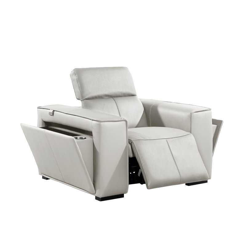 Top Grain Italian Leather Power Reclining Arm Chair with Power Headrests, Light Gray Genuine Leather