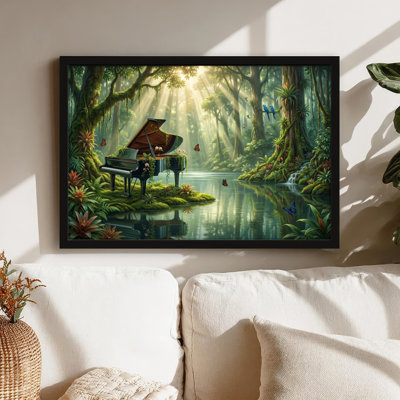 Toile noire encadrée en bois noir pour salon, chambre à coucher, bureau ou vestibule - décoration murale décorative avec piano forêt