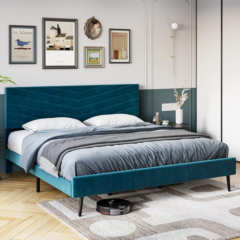 Full Velvet Bed – Adjustable Headboard, Wood Slats, Blue, Blue, King