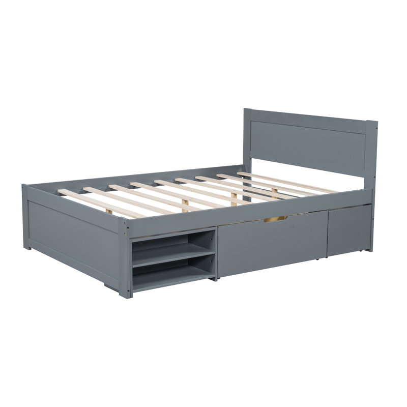 Lit plateforme pleine grandeur gris avec espace de rangement supplémentaire - Améliorez le format de votre tiroir de chambre à coucher et le cadre à 2 tablettes, sans sommier