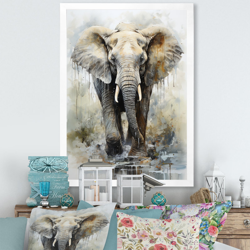 Éléphant élégant en mouvement I sur toile, Cadre simple blanc, H 40 po x l 30 po x P 1,5 po