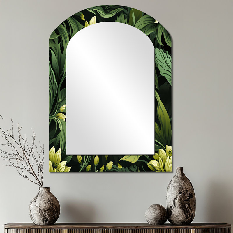«Senga Tropical Green Jungle Damask», miroir décoratif asymétrique tropical, miroir mural arqué tropical, impression d'art en métal