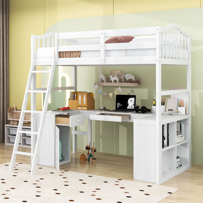 Esias Kids Twin Loft Bed with Drawers, White