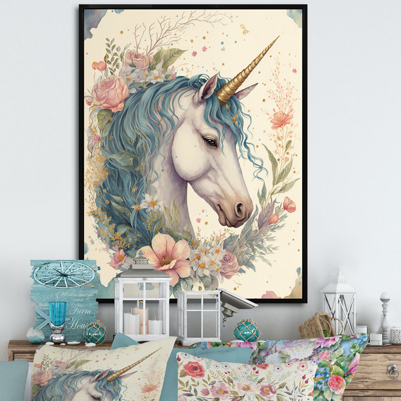 Adorable licorne pastel entourée de fleurs I - reproduction sur toile, H 40 po x l 30 po x P 1,5 po