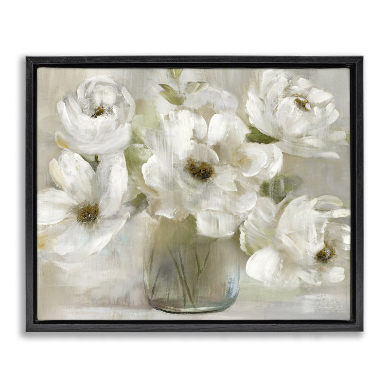 Doux pétales blancs dans un cadre flottant dans un vase, design par Nan, H 25 po x l 31 po, Cadre flottant noir de jais