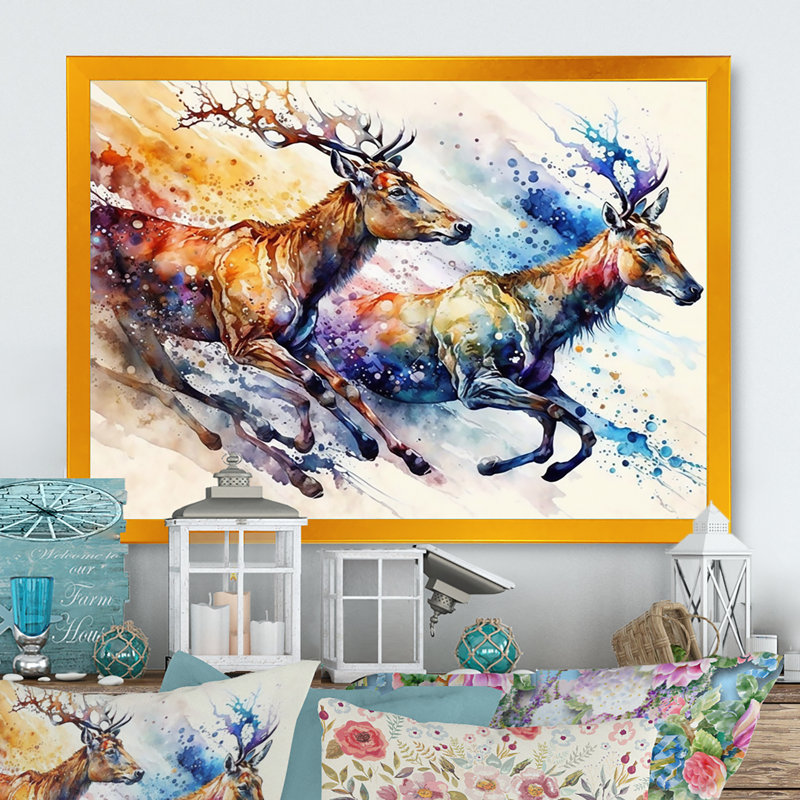 " Deers Running ", 20" W x 12" H, Gold Picture Framed Canvas