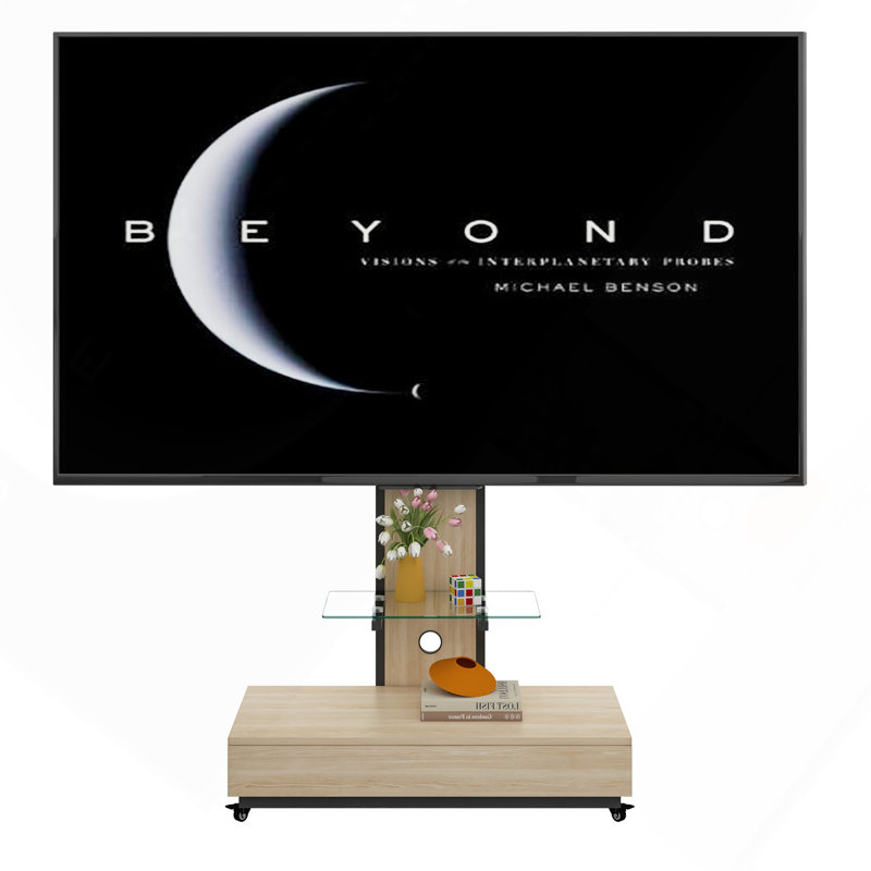 Adjustable Mobile TV Stand With Push-Pull Drawer And Tempered Glass Shelf For 32-75 Inch Tvs, Natural Wood & Glass Design