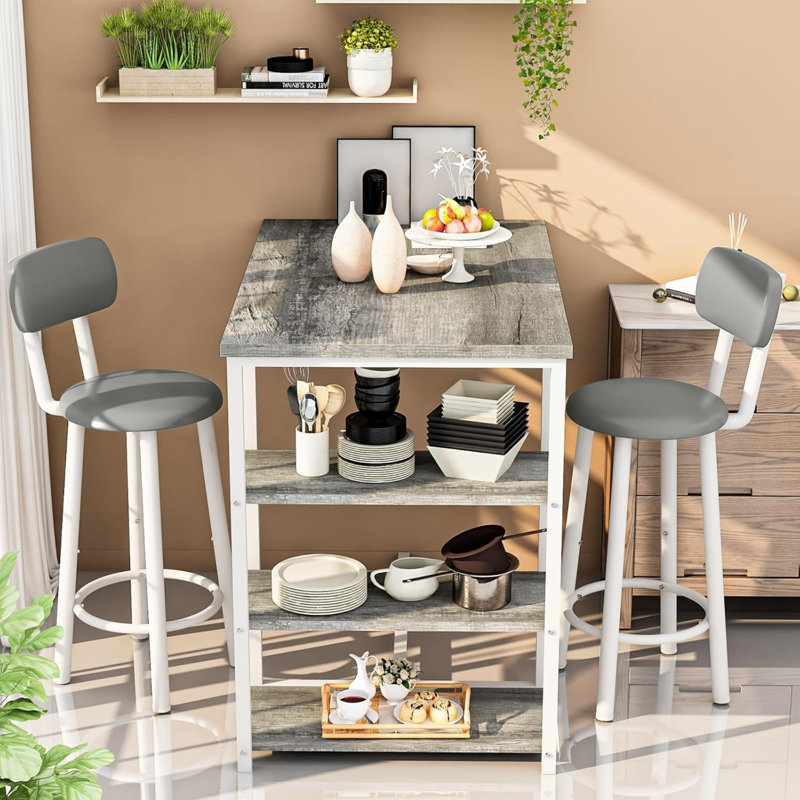 Bar Table Set For 2, 3 Piece Bar Table Set, Bar Table And Chairs Set With PU Upholstery Stool And 3 Open Storage Shelves, Pub Table Set For Small Space And Kitchen, Black
