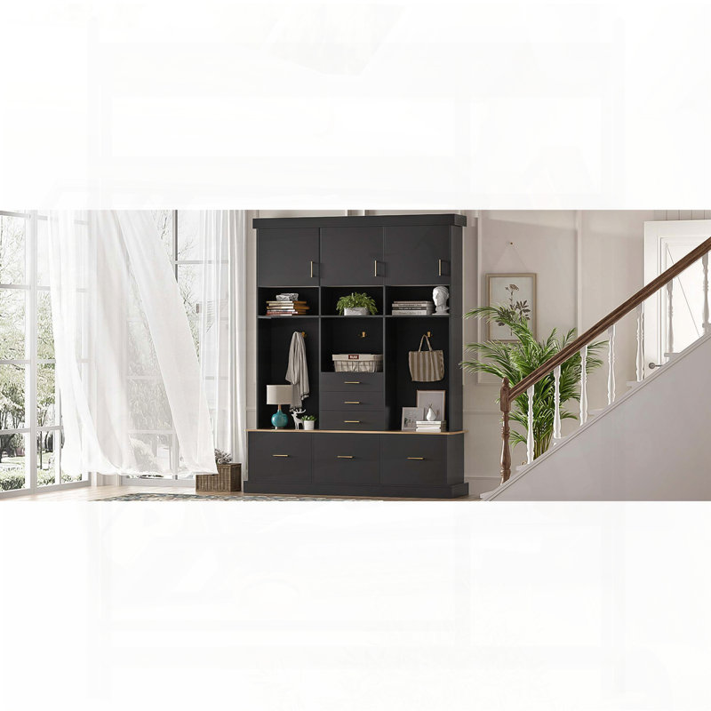 5-in-1 Hall Tree with 6 Drawers, 3 Cabinets, and 3-Tier Top Storage (Black), Black