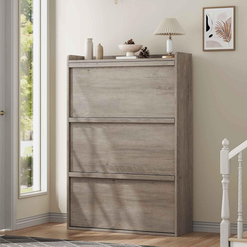 Slim Shoe Storage Cabinet with 3 Flip-Down Drawers, Adjustable Shelves & Wooden Handle, Entryway Organizer with Anti-Tip Kit, Gray