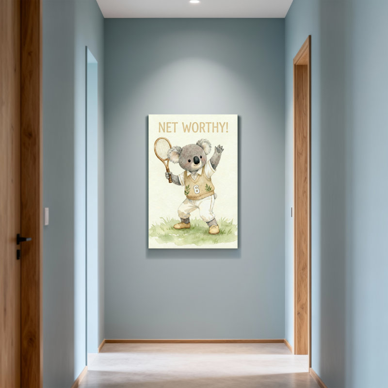 Animals Koala Playing Tennis With Racket And Net Worthy Text, 18" H x 12" W