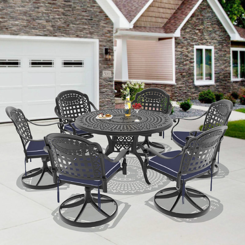 Ensemble de salle à manger d'extérieur rond 7 pièces de 120 cm (47,24 po) avec trou pour parasol, 6 chaises pivotantes, coussins bleus