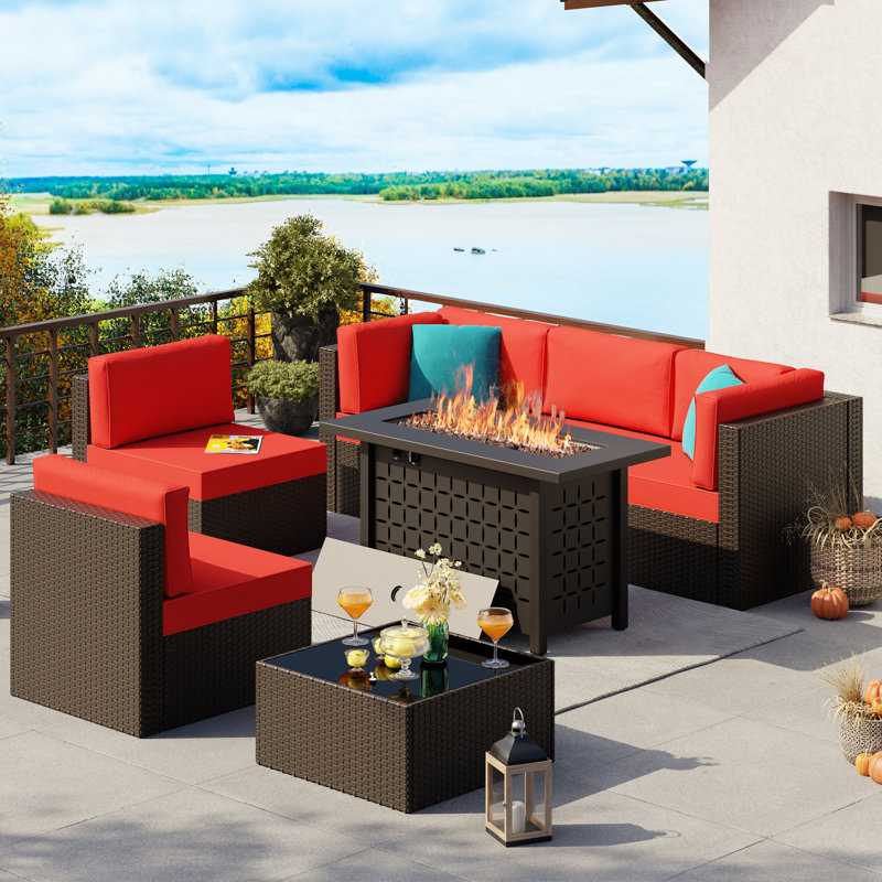 Ensemble de patio d'extérieur en rotin 7 pièces avec foyer, Rouge