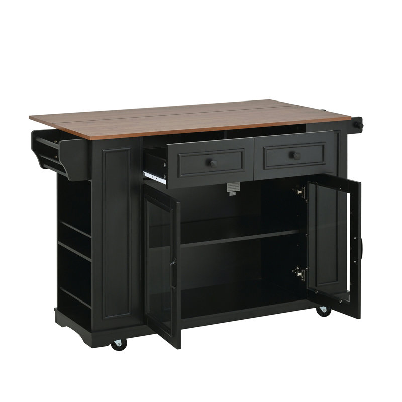 Îlot de cuisine mobile de 54 po avec porte vitrée, prise de courant et tablettes ouvertes, chariot de cuisine roulant avec porte-serviettes, support à épices et porte-couteaux, table de préparation fonctionnelle pour la cuisine, la salle à manger