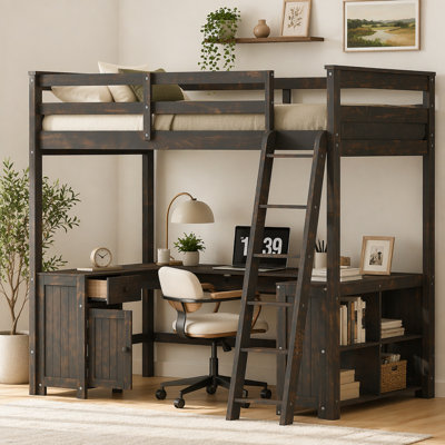 Lit mezzanine double avec bureau en U, tiroirs et tablettes de rangement, brun antique (ancien SKU: GX001039AAD)