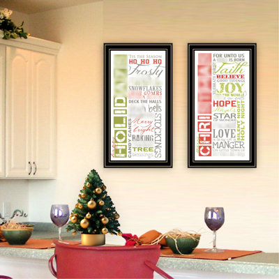 2 art mural pour la maison - Joyeuses Fêtes, reproduction encadrée noire. Multicolore bois + papier, 20 po x 11 po x 1 po, 5 lb par décor de salon encadré, 20 po x 11 po, chambre à coucher