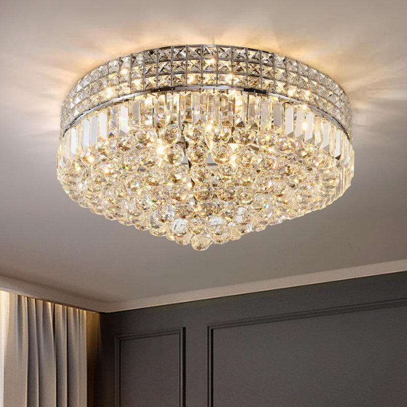 16.53" Modern Chrome Crystal Flush Mount Ceiling Light, E14 Base, No Bulb Included