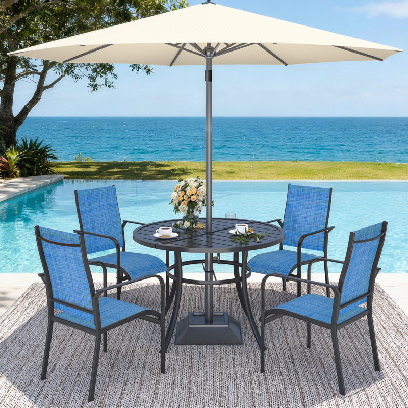 5 Piece Patio Dining Set, Outdoor Dining Table And Chairs Set For 4, 4 PVC-coated polyester Chairs, 1 Iron Round Table With Adjustable Umbrella Hole, Patio Furniture Set For Deck, Backyard, Lawn, Poolside