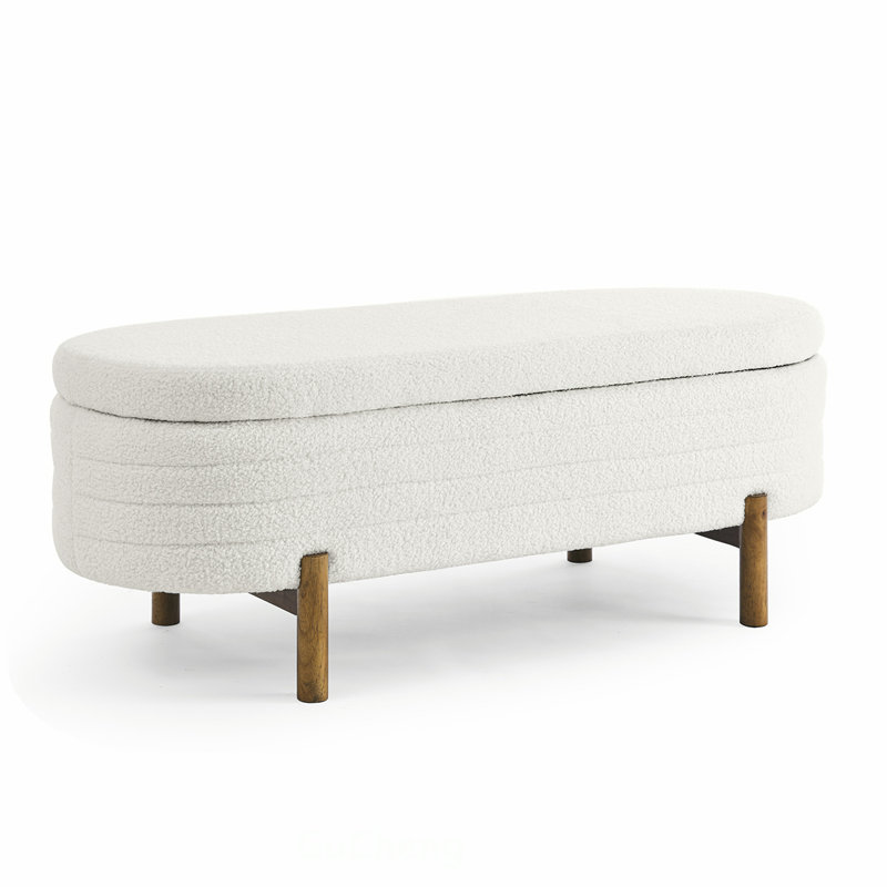 Banc de rangement ovale avec repose-pieds en bois d'hévéa, multifonctionnel et élégant pour la décoration intérieure, Beige