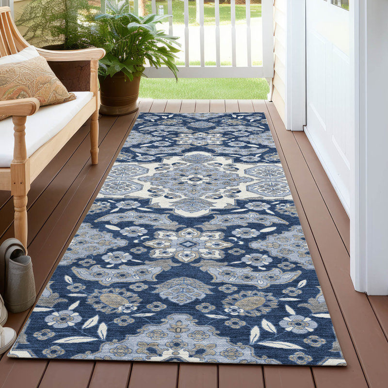 Machine Washable Indoor/Outdoor Xhevrie Blue Rug, Runner 2'3" x 7'6"