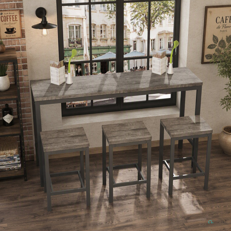 Table de salle à manger de cuisine moderne, table de pub, ensemble de table de salle à manger longue avec 3 tabourets, assemblage facile
