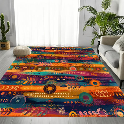 Tapis à rayures abstraites Boho, motif géométrique multicolore vibrant, tapis antidérapant lavable à la machine, décoration intérieure artistique pour salon, chambre à coucher, entrée, cuisine, appartement