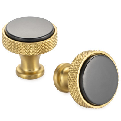 Ensemble de 10 boutons de meubles moletés noirs et dorés, ronds, à un trou, référence K28. Quincaillerie robuste, bicolore, noir et or brossé, pour meubles de cuisine, tiroirs, commodes, placards, chambres et salles de bains.