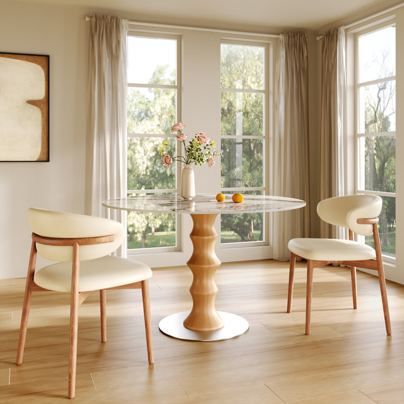Table de salle à manger en pierre frittée ronde, table de cuisine circulaire pour 2 à 4 personnes, table de salle à manger en bois massif d'inspiration bambou pour la salle à manger, le coin-repas ou le salon
