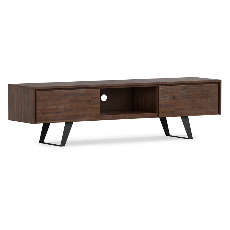 Lowry 72"W Solid Wood Industrial TV Stand for TVs up to 80" with 2 Cabinets and Open Shelf, Distressed Charcoal Brown