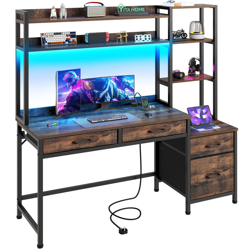  4-Drawer Computer Desk With LED Lights & Power Outlets, Brown, 150cm H x 150cmW x 50cm D