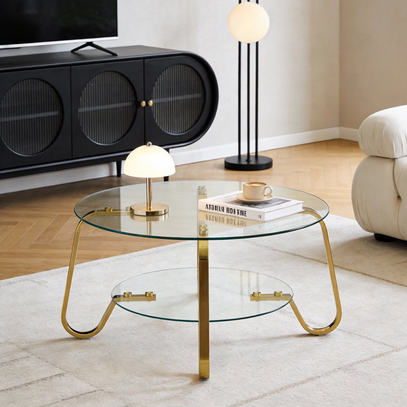 Table basse en verre trempé à double couche de style rétro minimaliste, ajoutant une touche d'élégance à votre salon, Doré