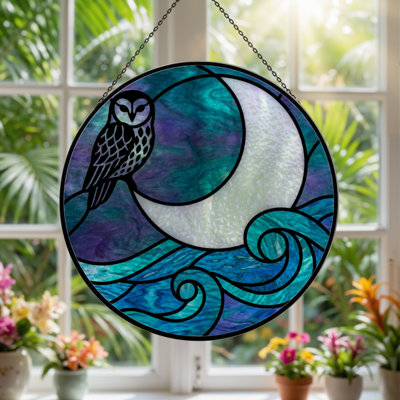 7.8"H Owl Moon Stained Glass Window Panel