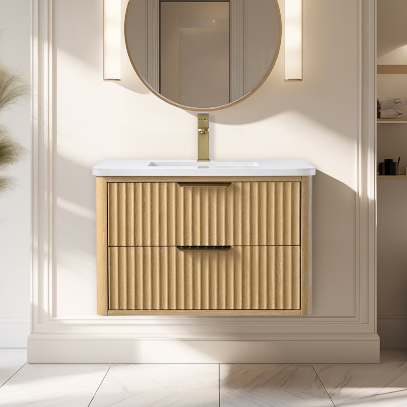 Ensemble de meuble-lavabo mural simple 30 po Westbury avec plateau en pierre d'ingénierie Westbury, 30", Chêne ensoleillé