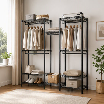 Heavy Duty Garment Rack, Freestanding Closet Organizer with Wire Shelves and Hanging Rods, Black