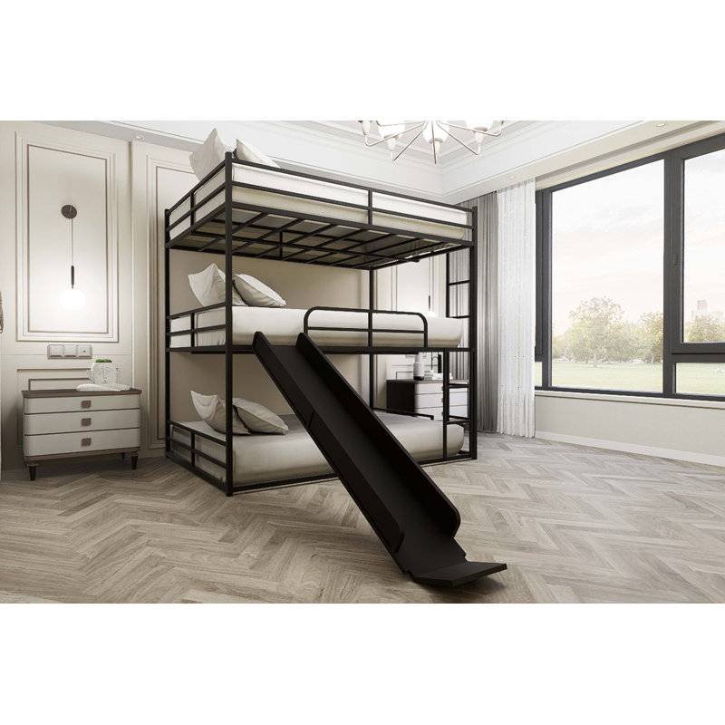 Lit mezzanine double en métal avec glissoire, échelle et tablette