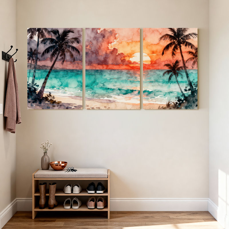 Palmiers, coucher de soleil tropical, plage, palmiers, ensemble de 3 impressions sur toile, H 30 po x l 60 po