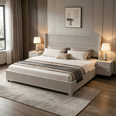 Solid Wood Platform Bed Frame With Headboard, No Box Spring Needed, Floor-Standing Bed, Easy Assembly, King Size,Beige