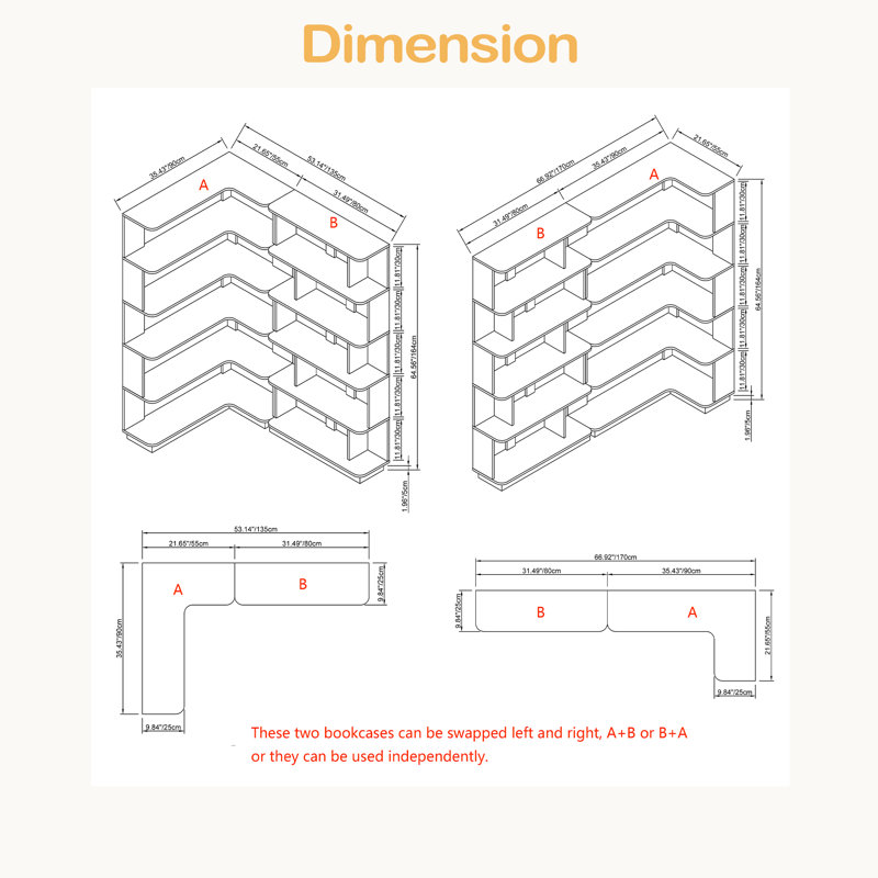 Bibliothèque d'angle peu encombrante de 90 cm + bibliothèque libre extensible de 80 cm, Chêne foncé
